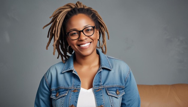 Photo a woman with dreadlocks wearing glasses and a denim jacket