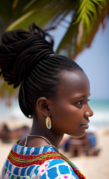 A woman with dreadlocks and a yellow necklace on the beach in kenya.