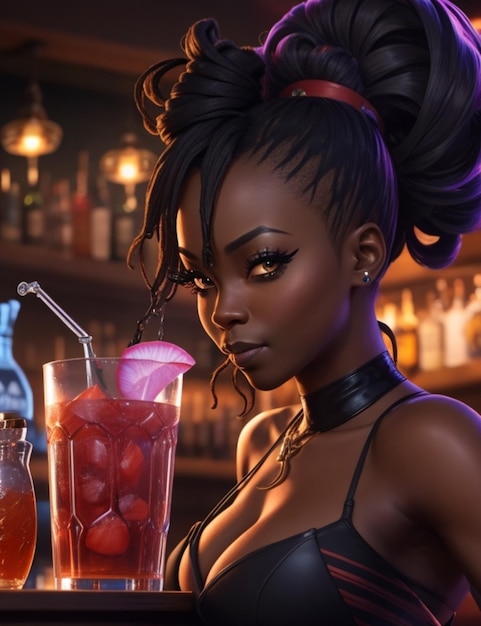 A woman with a drink and strawberries in front of a bar.