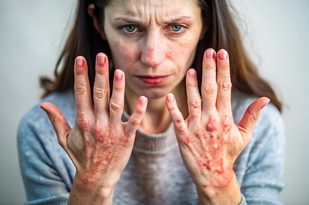 Woman with dry irritated skin on hands showing dermatitis symptoms