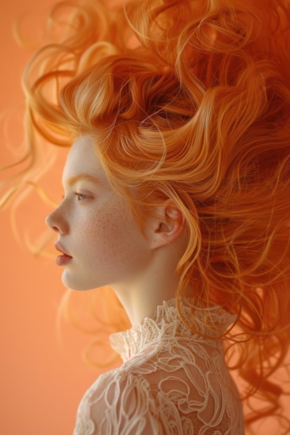 Woman with Dynamic WindBlown Hairstyle in Blonde and Light Copper Tones Soft Lighting Highlighting Her Profile Lace Garment and Gradient Peach Background