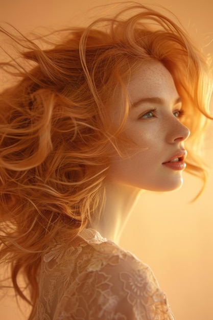 Woman with Dynamic WindBlown Hairstyle in Blonde and Light Copper Tones Soft Lighting Highlighting Her Profile Lace Garment and Gradient Peach Background