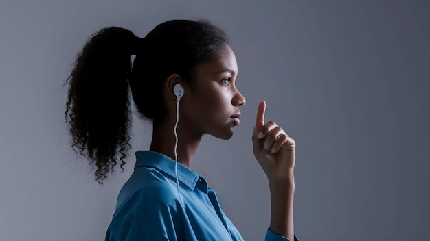 Photo a woman with earphones that say earbuds