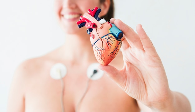 Woman with electrodes holding figurine of heart