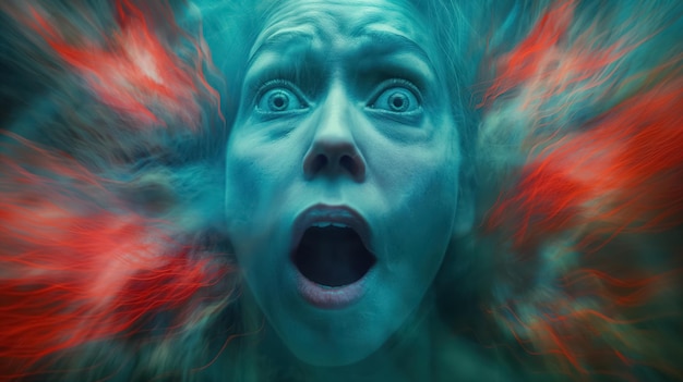 Photo woman with an expression of horror and fear surrounded by an eerie blue and red swirling mist