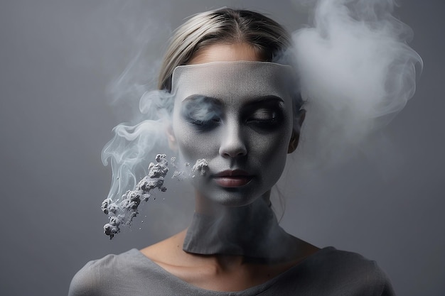 Woman with face covered by smoke on grey background created using generative ai technology