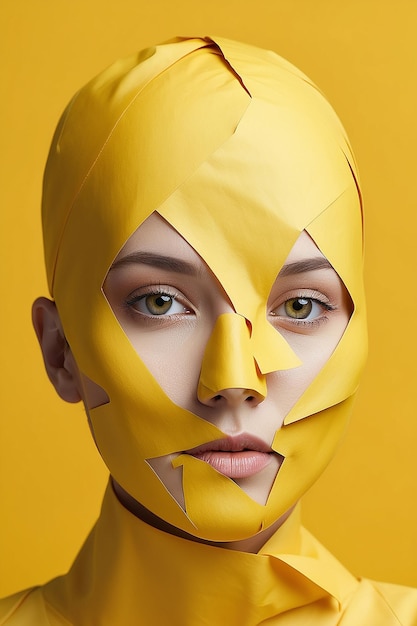 Woman with face covered by yellow paper on yellow background created using generative ai technology