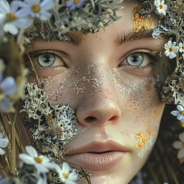 a woman with a face covered in flowers and the sun is looking through her face