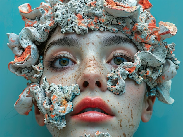 a woman with a face covered in sea shells and a head of a woman with a freckles on her face