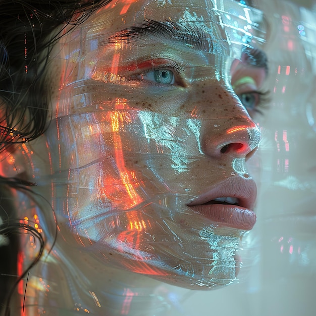 a woman with a face covered in white and colored powder