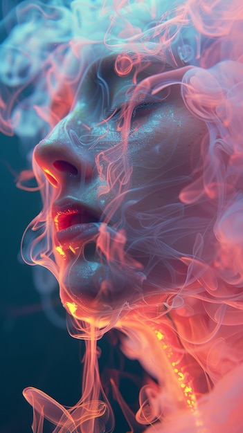 a woman with a face full of colored smoke