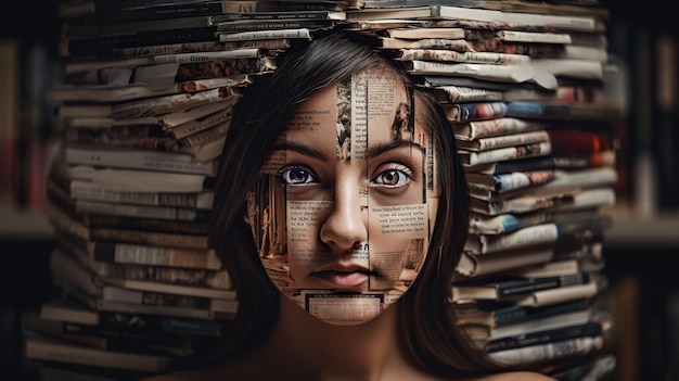 A woman with a face made of books and the words " the word " on it "