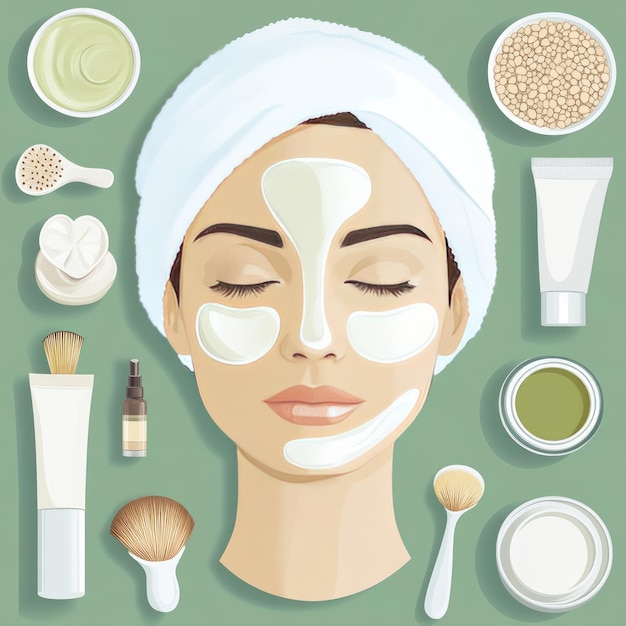 Photo woman with face mask surrounded by skincare products on green background