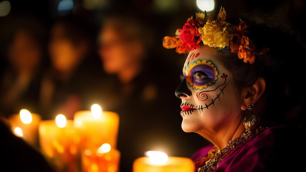 A woman with a face paint and a flower headdress is standing in front of candles