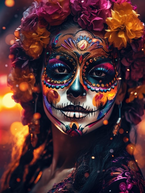 a woman with face paint and flowers