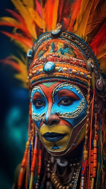 A woman with a face painted in bright colors and a blue face.