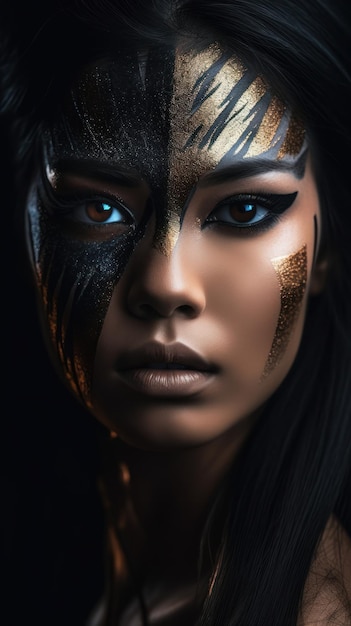 A woman with a face painted in gold and black with gold paint.