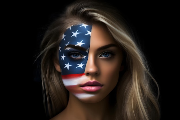 A woman with a face painted with the american flag on it