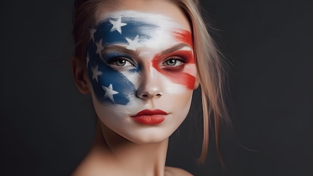 A woman with a face painted with the american flag