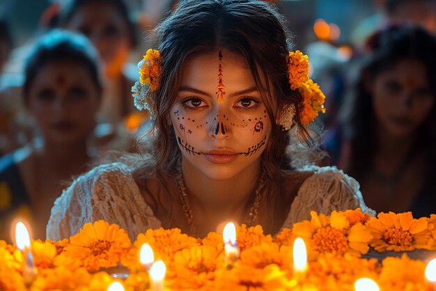 Photo a woman with a face painted with flowers and a candle in the middle