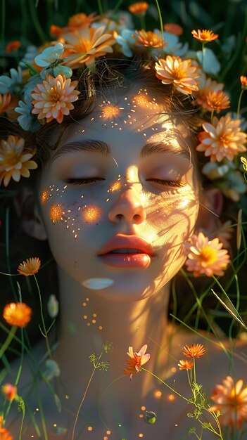 a woman with a face painted with flowers and the sun shining through her eyes