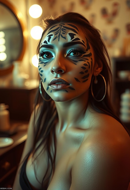 Photo a woman with a face painted with the word  wild  on it