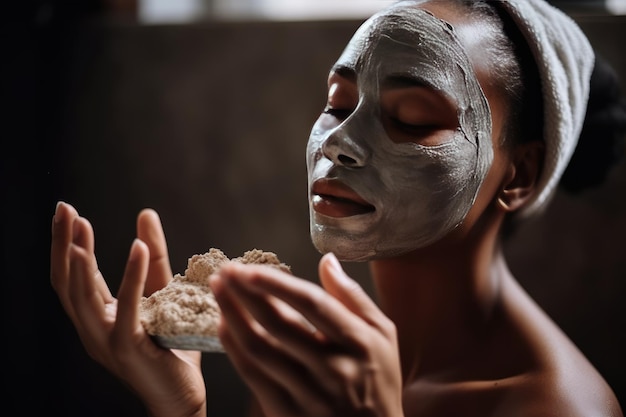 A woman with a facial mask on her face eating Generative Ai