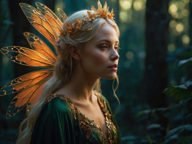 Photo a woman with a fairy in her hand holding a golden beautiful woman mermaid in fantasy world