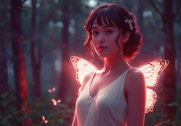 a woman with a fairy wings and a fairy in the background