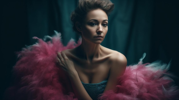 A woman with a feathered dress and a pink feathered dress stands in front of a dark background.