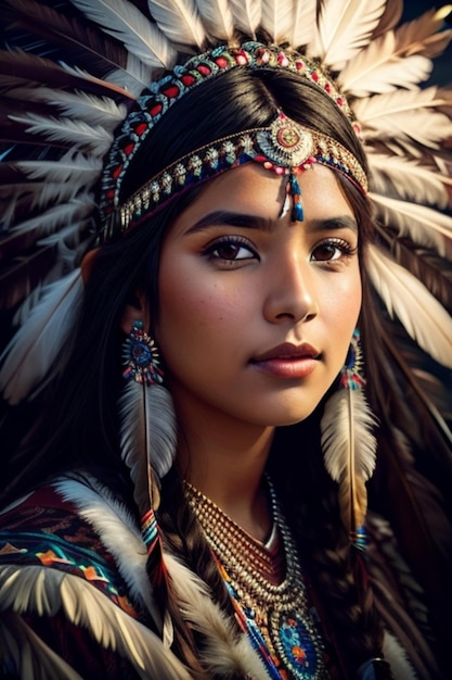 A woman with a feathered headdress and the words indian on the side