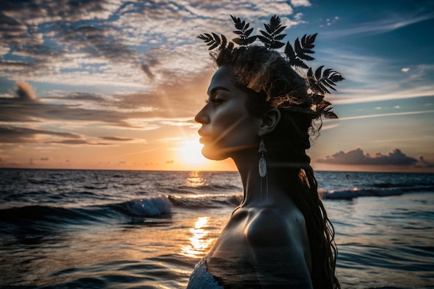 a woman with feathers on her head is standing in the water