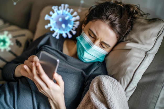 Woman with fever symptoms lying on sofa and using phone One woman young woman with Covid19 symptom