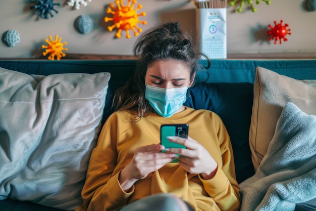 Woman with fever symptoms lying on sofa and using phone One woman young woman with Covid19 symptom