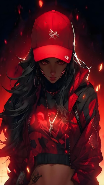 woman with a fierce and confident expression wearing a red baseball cap and a red jacket