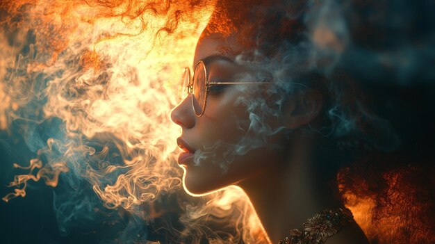 Woman with fiery hair and smoke