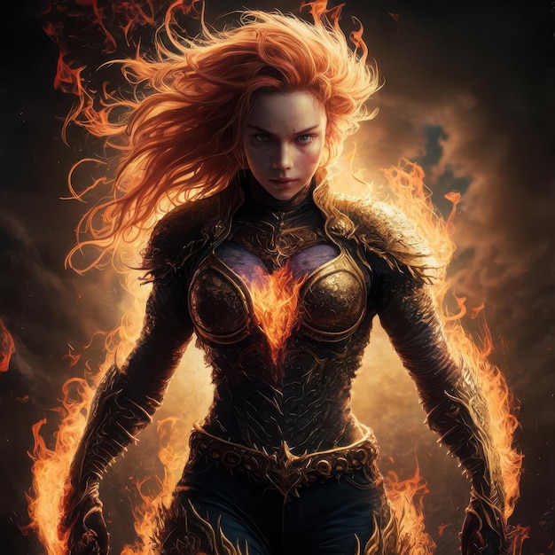 a woman with a fiery haircut is standing in flames