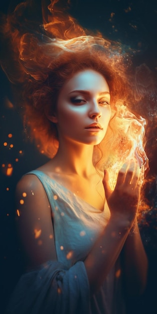 A woman with a fire on her face