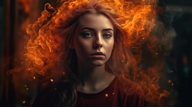 A woman with a fire on her face