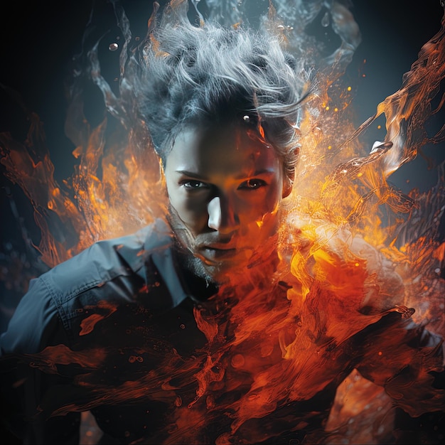 a woman with a fire in her hair and a fire with flames in the background.