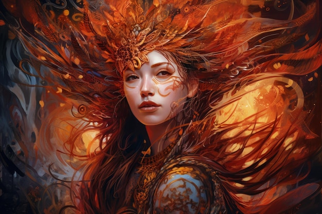 A woman with fire in her head in the style of detailed fantasy art crimson and amber lifelike avian illustrations Generative AI