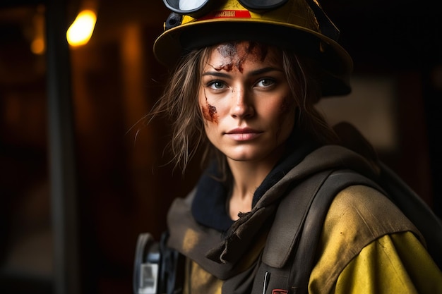 Woman with firemans helmet and goggles on Generative AI