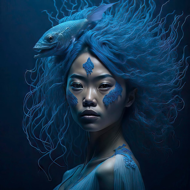 a woman with a fish on her head is painted with blue paint