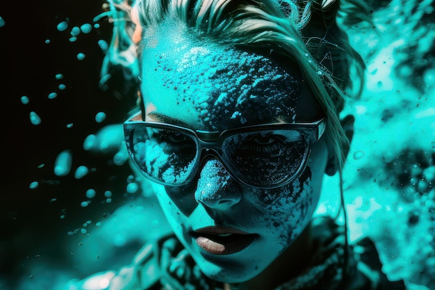 A woman with a fish mask and glasses is in the water.