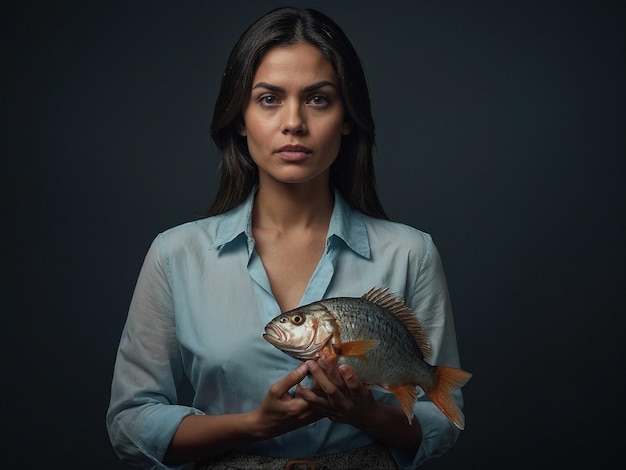 a woman with a fish Standing with arms at sides and a_3