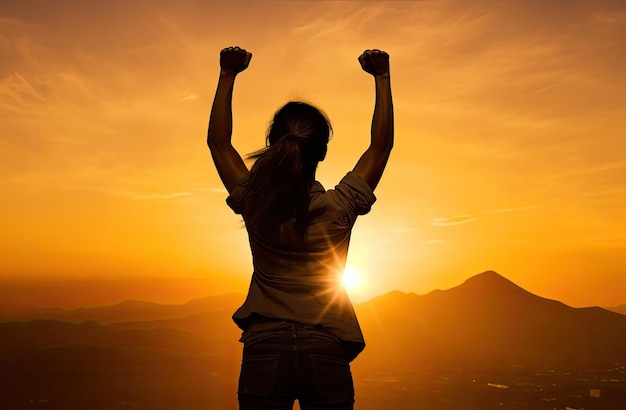 Woman with fist in the air motivated strength and courage concept