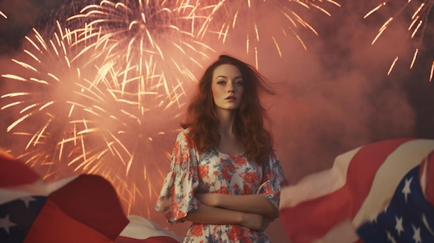 Woman with flag celebrating 4th of July