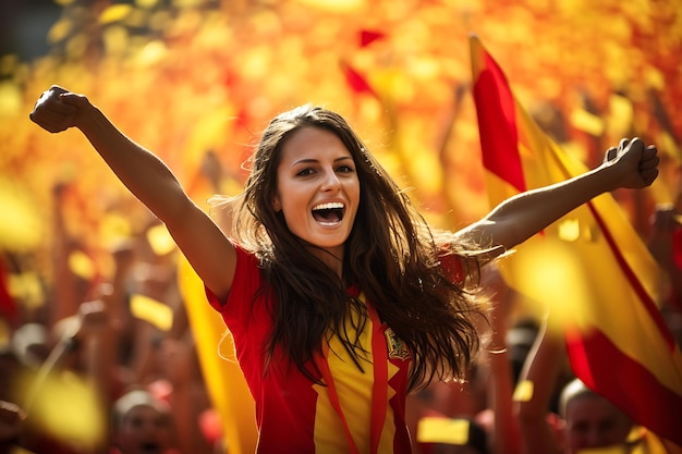 a woman with a flag in the crowd of people waving flags women football concept