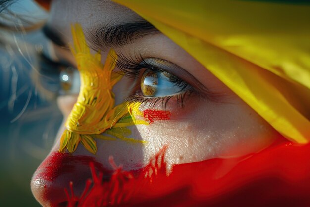 Photo woman with the flag of spain painted on her face closeup chaos 10 ar 34 style raw stylize