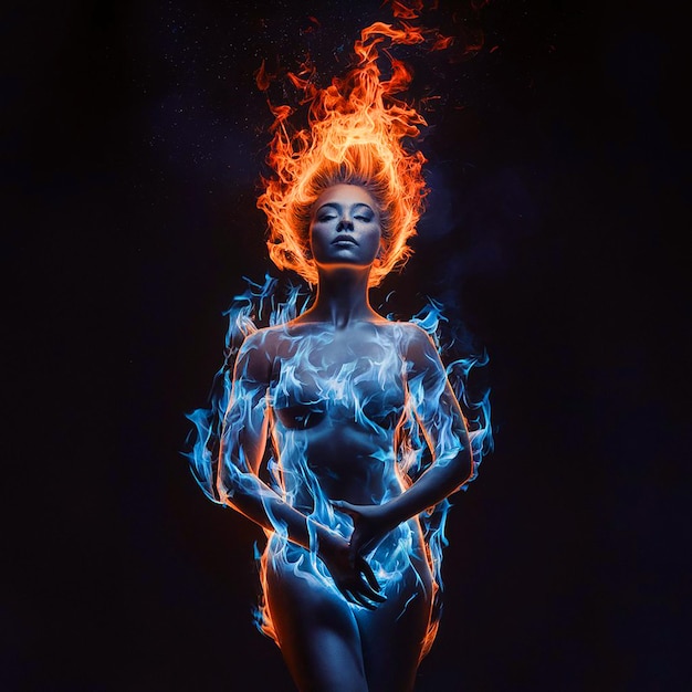 a woman with a flame on her back is lit up